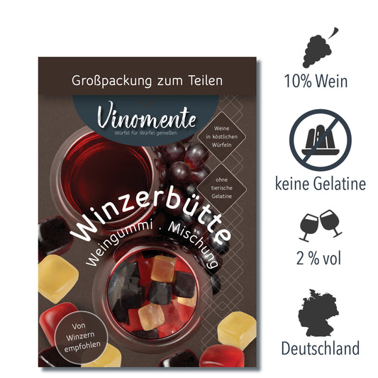 BigPack Weingummi - Winzerbütte als Großpackung - Weingeschenk und Geschenk für Weinliebhaber, Vinomente ist eine Marke der W&S Wine & Sweets GmbH, Hersteller von Weingummi mit Wein, laktosefrei, glutenfrei ohne Gelatine
