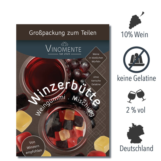 BigPack Weingummi - Winzerbütte als Großpackung - Weingeschenk und Geschenk für Weinliebhaber, Vinomente ist eine Marke der W&S Wine & Sweets GmbH, Hersteller von Weingummi mit Wein, laktosefrei, glutenfrei ohne Gelatine