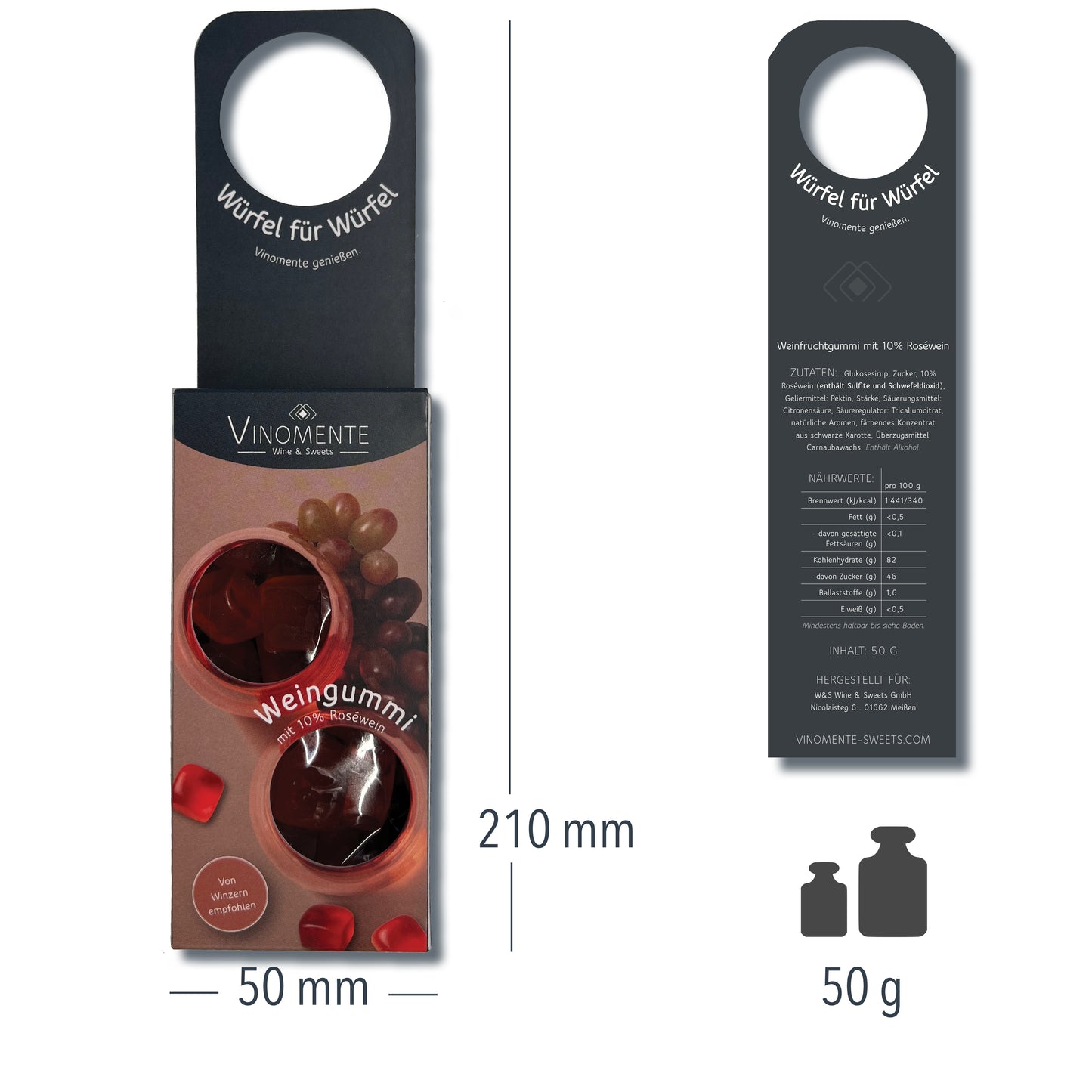 Weingummi mit Rosewein, Flaschenanhänger als Geschenk-Upgrade für Weinflaschen, Weingeschenk und Geschenk für Weinliebhaber, Gastgeschenk unter 5 €, Vinomente ist eine Marke der W&S Wine & Sweets GmbH, Hersteller von Weingummi mit Wein, laktosefrei, glutenfrei ohne Gelatine