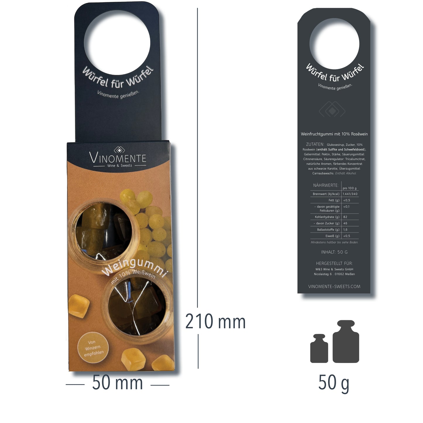 Weingummi mit Weißwein, Flaschenanhänger als Geschenk-Upgrade für Weinflaschen, Weingeschenk und Geschenk für Weinliebhaber, Gastgeschenk unter 5 €, Vinomente ist eine Marke der W&S Wine & Sweets GmbH, Hersteller von Weingummi mit Wein, laktosefrei, glutenfrei ohne Gelatine