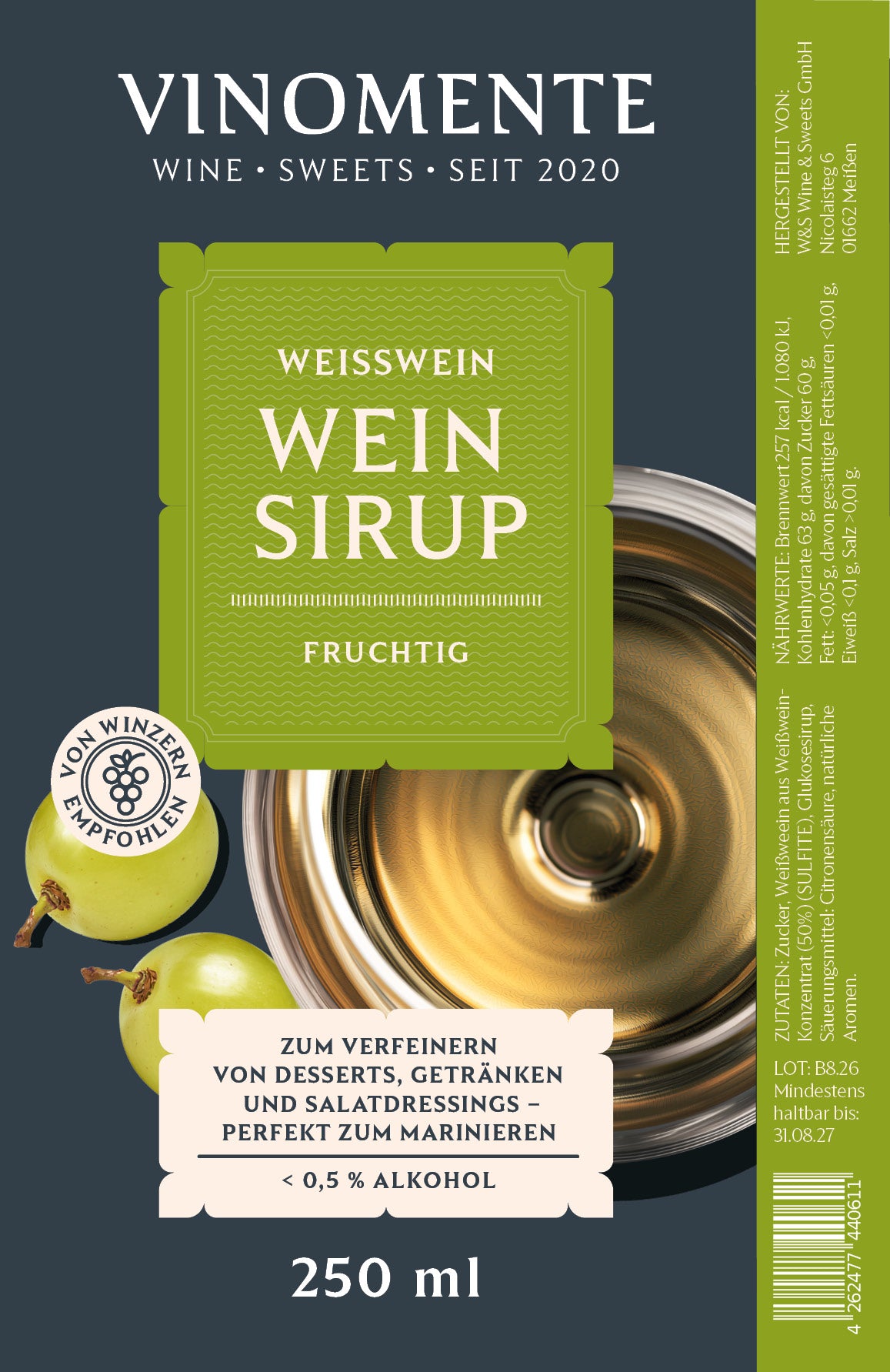 Weinsirup - Weißwein fruchtig - 250ml - Süße Weißweinnoten für Dessert & Drinks