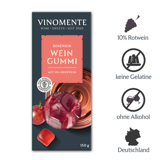Weingummi mit Rosewein, Weingeschenk und Geschenk für Weinliebhaber, Gastgeschenk unter 5 €, Vinomente ist eine Marke der W&S Wine & Sweets GmbH, Hersteller von Weingummi mit Wein, laktosefrei, glutenfrei ohne Gelatine