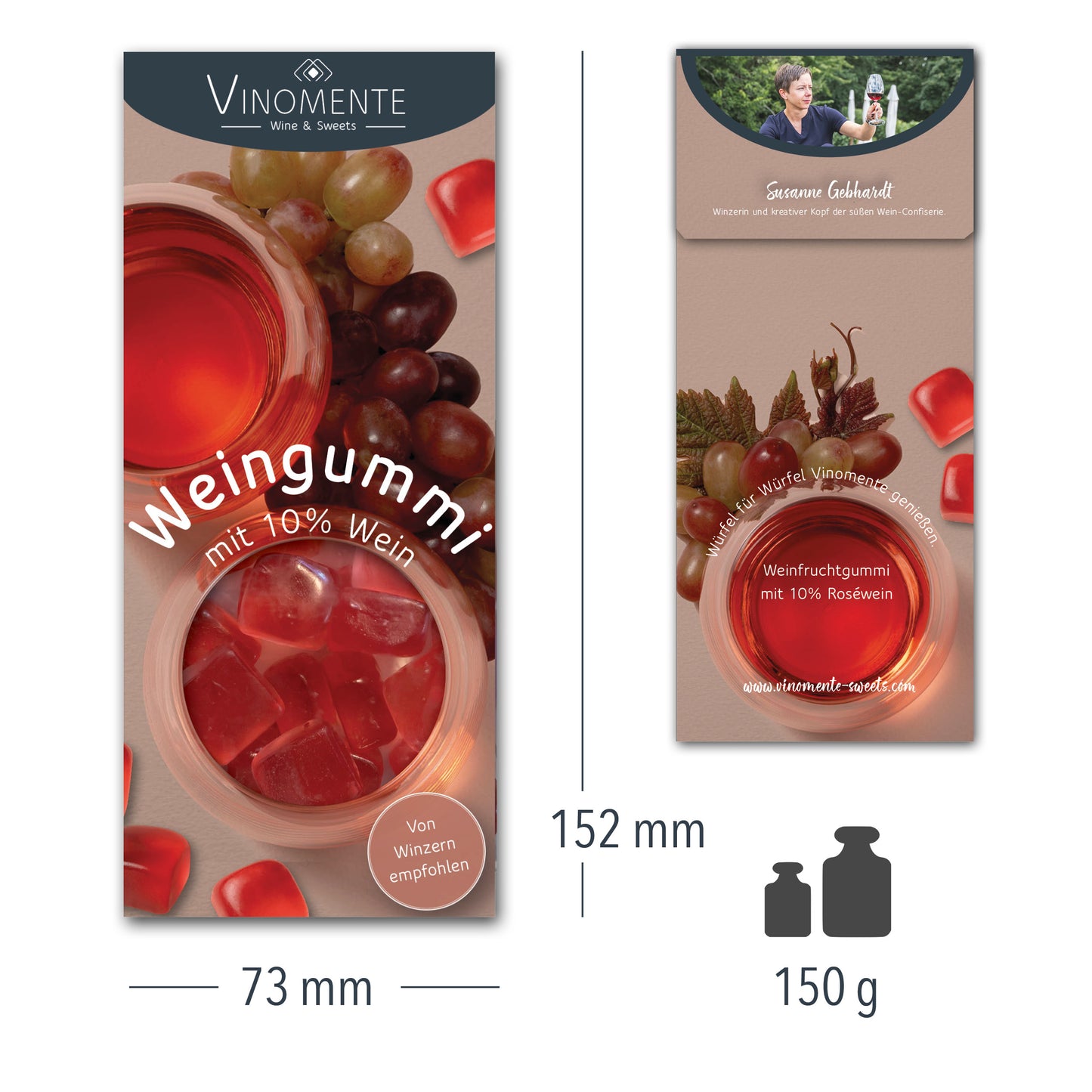Weingummi mit Rosewein, Weingeschenk und Geschenk für Weinliebhaber, Gastgeschenk unter 5 €, Vinomente ist eine Marke der W&S Wine & Sweets GmbH, Hersteller von Weingummi mit Wein, laktosefrei, glutenfrei ohne Gelatine