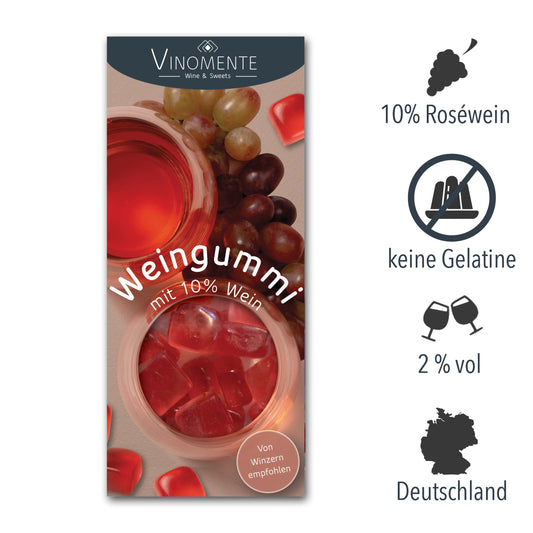 Weingummi mit Rosewein, Weingeschenk und Geschenk für Weinliebhaber, Gastgeschenk unter 5 €, Vinomente ist eine Marke der W&S Wine & Sweets GmbH, Hersteller von Weingummi mit Wein, laktosefrei, glutenfrei ohne Gelatine