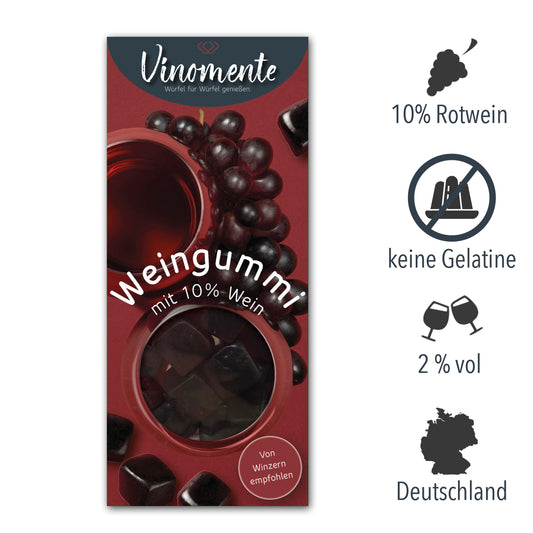 Weingummi mit Rotwein, Weingeschenk und Geschenk für Weinliebhaber, Gastgeschenk unter 5 €, Vinomente ist eine Marke der W&S Wine & Sweets GmbH, Hersteller von Weingummi mit Wein, laktosefrei, glutenfrei ohne Gelatine