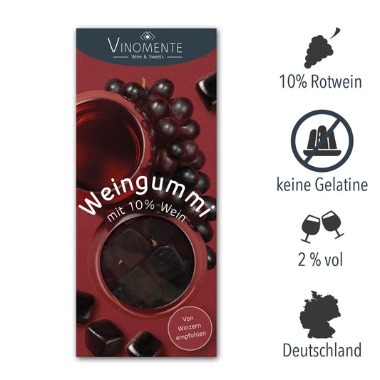 Weingummi mit Rotwein, Weingeschenk und Geschenk für Weinliebhaber, Gastgeschenk unter 5 €, Vinomente ist eine Marke der W&S Wine & Sweets GmbH, Hersteller von Weingummi mit Wein, laktosefrei, glutenfrei ohne Gelatine