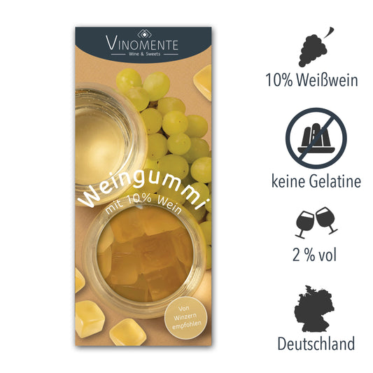 Weingummi mit Weißwein, Weingeschenk und Geschenk für Weinliebhaber, Gastgeschenk unter 5 €, Vinomente ist eine Marke der W&S Wine & Sweets GmbH, Hersteller von Weingummi mit Wein, laktosefrei, glutenfrei ohne Gelatine