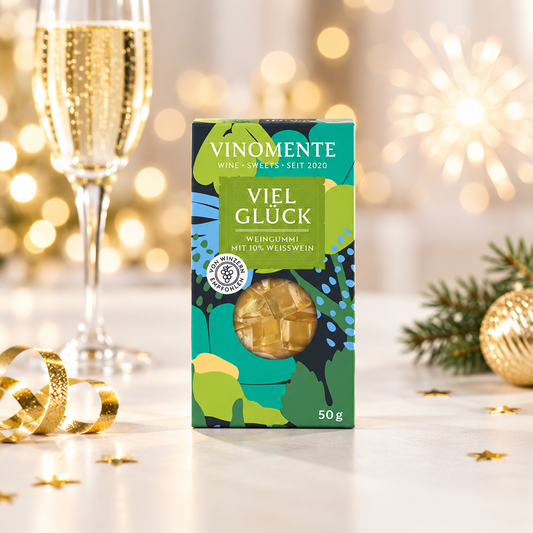 Glückwunsch-Mini Weingummi Weißwein, Viel Glück, Weingeschenk, Geschenk für Weinliebhaber, Gastgeschenk, Vinomente - eine Marke der W&S Wine & Sweets GmbH