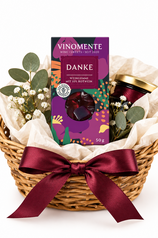 Glückwunsch-Mini Weingummi Rotwein, Danke, Weingeschenk, Geschenk für Weinliebhaber, Gastgeschenk, Vinomente - eine Marke der W&S Wine & Sweets GmbH