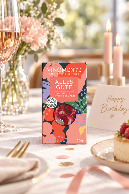 Glückwunsch-Mini Weingummi Roséwein, Alles Gute, Weingeschenk, Geschenk für Weinliebhaber, Gastgeschenk, Vinomente - eine Marke der W&S Wine & Sweets GmbH