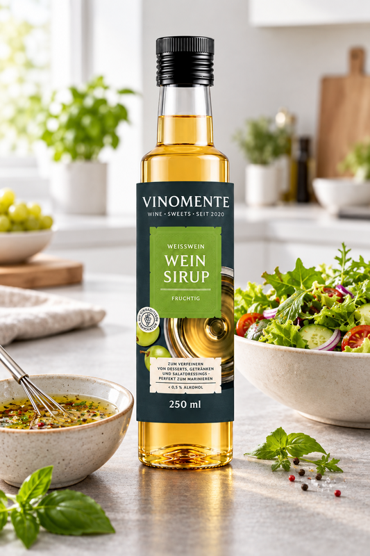 Vinomente, Weinsirup, Weißwein, 250ml, zum Marinieren und Verfeinern von Desserts, Salaten und Getränken. Eine Marke der W&S Wine & Sweets GmbH