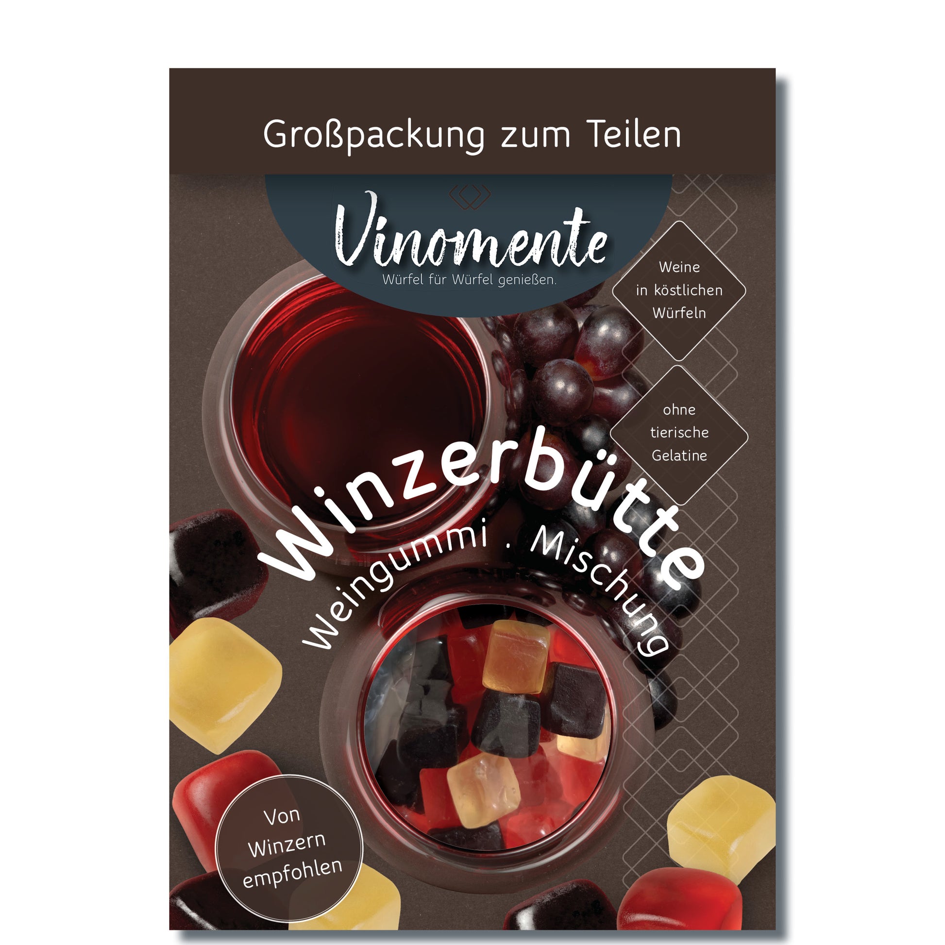 BigPack Weingummi - Winzerbütte als Großpackung - Weingeschenk und Geschenk für Weinliebhaber, Vinomente ist eine Marke der W&S Wine & Sweets GmbH, Hersteller von Weingummi mit Wein, laktosefrei, glutenfrei  ohne Gelatine