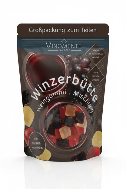 BigPack Weingummi - Winzerbütte als Großpackung - Weingeschenk und Geschenk für Weinliebhaber, Vinomente ist eine Marke der W&S Wine & Sweets GmbH, Hersteller von Weingummi mit Wein, laktosefrei, glutenfrei  ohne Gelatine