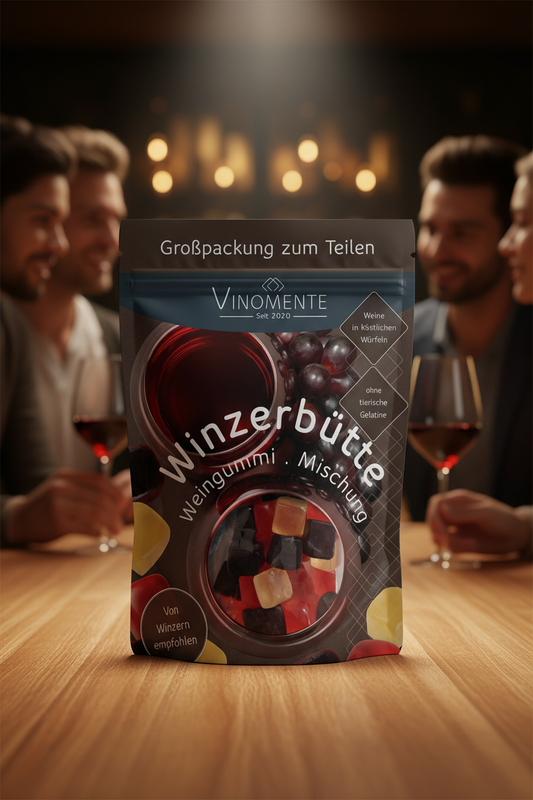BigPack Weingummi - Winzerbütte als Großpackung - Weingeschenk und Geschenk für Weinliebhaber, Vinomente ist eine Marke der W&S Wine & Sweets GmbH, Hersteller von Weingummi mit Wein, laktosefrei, glutenfrei  ohne Gelatine