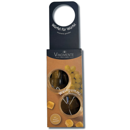 Weingummi mit Weißwein, Flaschenanhänger als Geschenk-Upgrade für Weinflaschen, Weingeschenk und Geschenk für Weinliebhaber, Gastgeschenk unter 5 €, Vinomente ist eine Marke der W&S Wine & Sweets GmbH, Hersteller von Weingummi mit Wein, laktosefrei, glutenfrei  ohne Gelatine