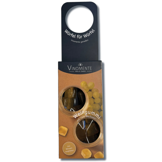 Weingummi mit Weißwein, Flaschenanhänger als Geschenk-Upgrade für Weinflaschen, Weingeschenk und Geschenk für Weinliebhaber, Gastgeschenk unter 5 €, Vinomente ist eine Marke der W&S Wine & Sweets GmbH, Hersteller von Weingummi mit Wein, laktosefrei, glutenfrei  ohne Gelatine