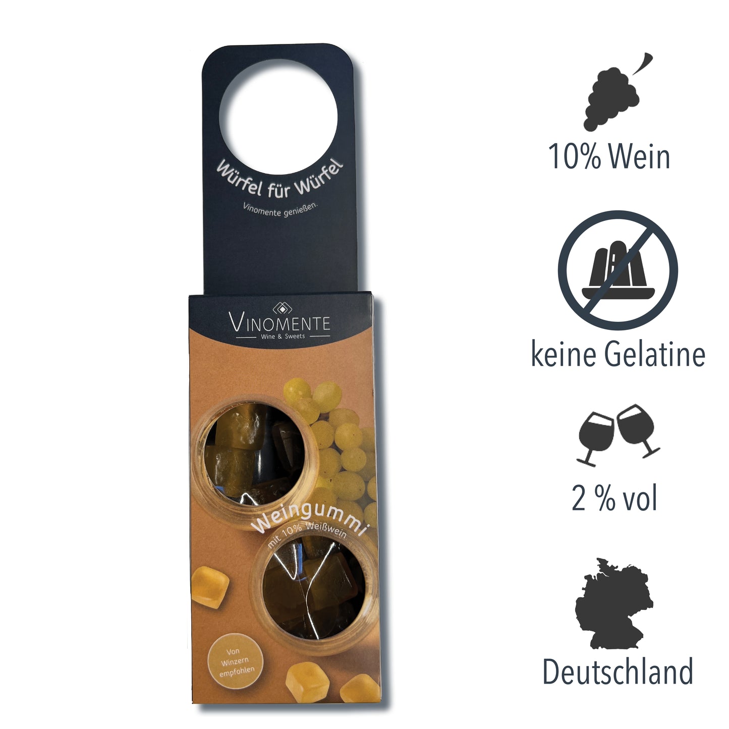 Weingummi mit Weißwein, Flaschenanhänger als Geschenk-Upgrade für Weinflaschen, Weingeschenk und Geschenk für Weinliebhaber, Gastgeschenk unter 5 €, Vinomente ist eine Marke der W&S Wine & Sweets GmbH, Hersteller von Weingummi mit Wein, laktosefrei, glutenfrei  ohne Gelatine
