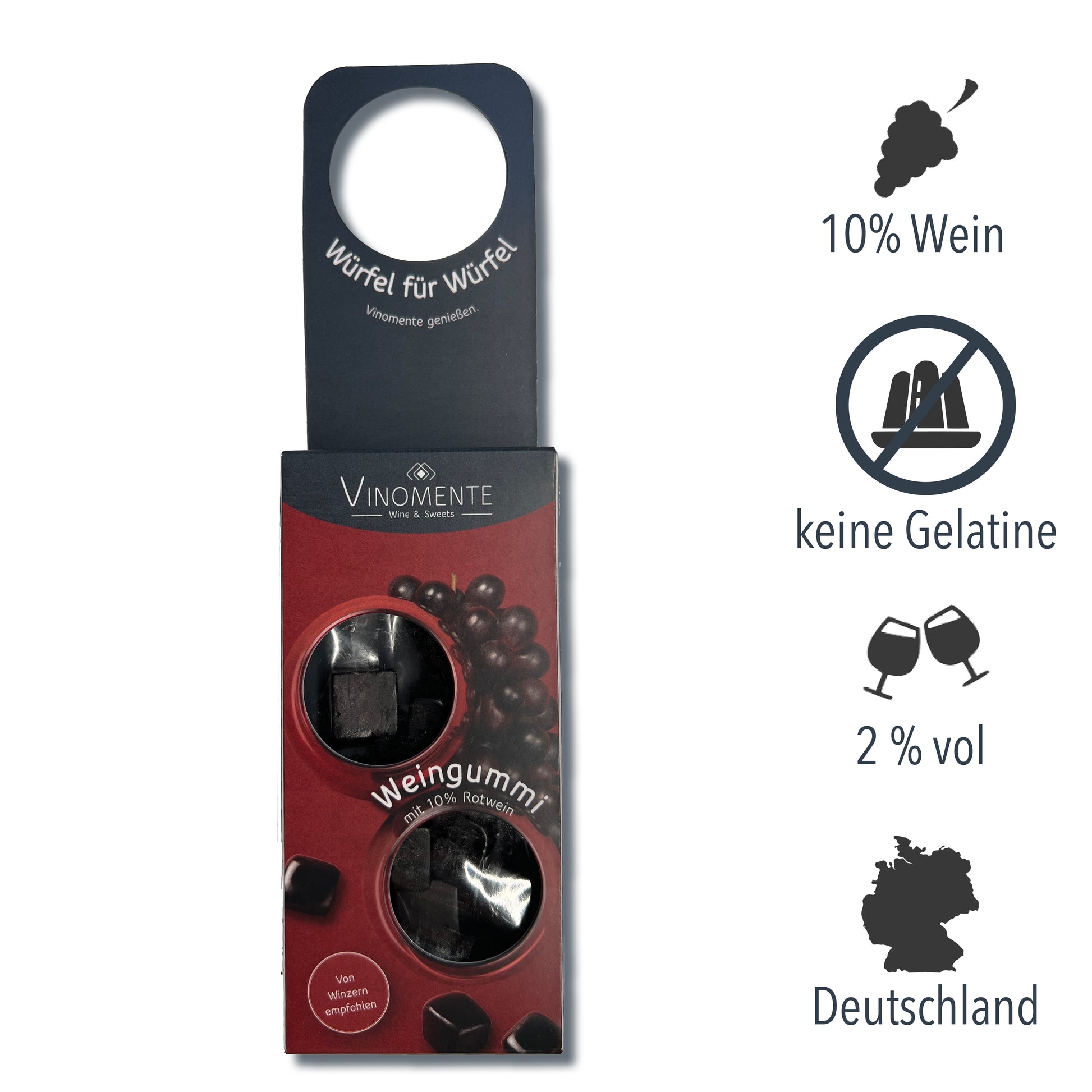 Weingummi mit Rotwein, Flaschenanhänger als Geschenk-Upgrade für Weinflaschen, Weingeschenk und Geschenk für Weinliebhaber, Gastgeschenk unter 5 €, Vinomente ist eine Marke der W&S Wine & Sweets GmbH, Hersteller von Weingummi mit Wein, laktosefrei, glutenfrei  ohne Gelatine