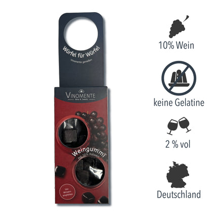 Weingummi mit Rotwein, Flaschenanhänger als Geschenk-Upgrade für Weinflaschen, Weingeschenk und Geschenk für Weinliebhaber, Gastgeschenk unter 5 €, Vinomente ist eine Marke der W&S Wine & Sweets GmbH, Hersteller von Weingummi mit Wein, laktosefrei, glutenfrei  ohne Gelatine