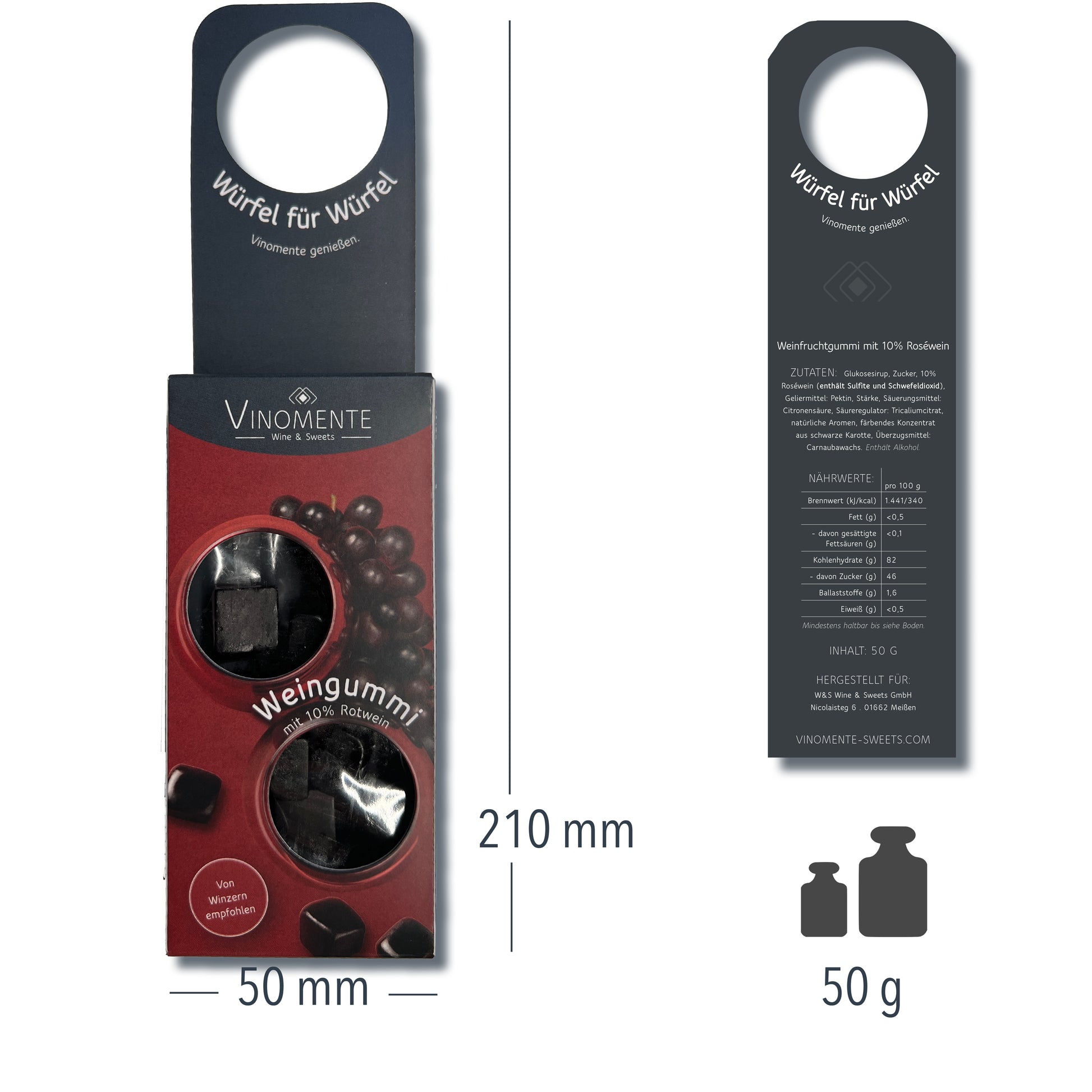 Weingummi mit Rotwein, Flaschenanhänger als Geschenk-Upgrade für Weinflaschen, Weingeschenk und Geschenk für Weinliebhaber, Gastgeschenk unter 5 €, Vinomente ist eine Marke der W&S Wine & Sweets GmbH, Hersteller von Weingummi mit Wein, laktosefrei, glutenfrei  ohne Gelatine