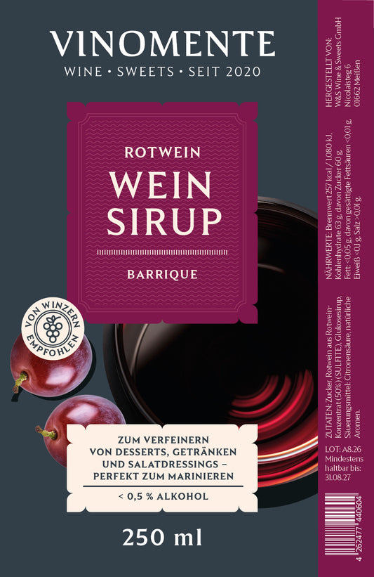 Weinsirup - Rotwein barrique - 250ml - Tiefe Rotweinnoten für Dessert & Drinks