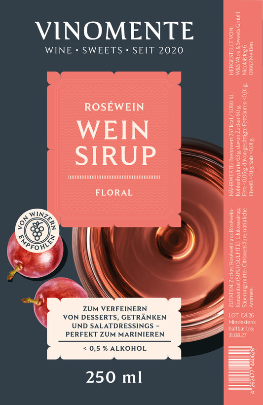 Weinsirup - Roséwein floral - 250ml - Blumige Roséweinnoten für Dessert & Drinks