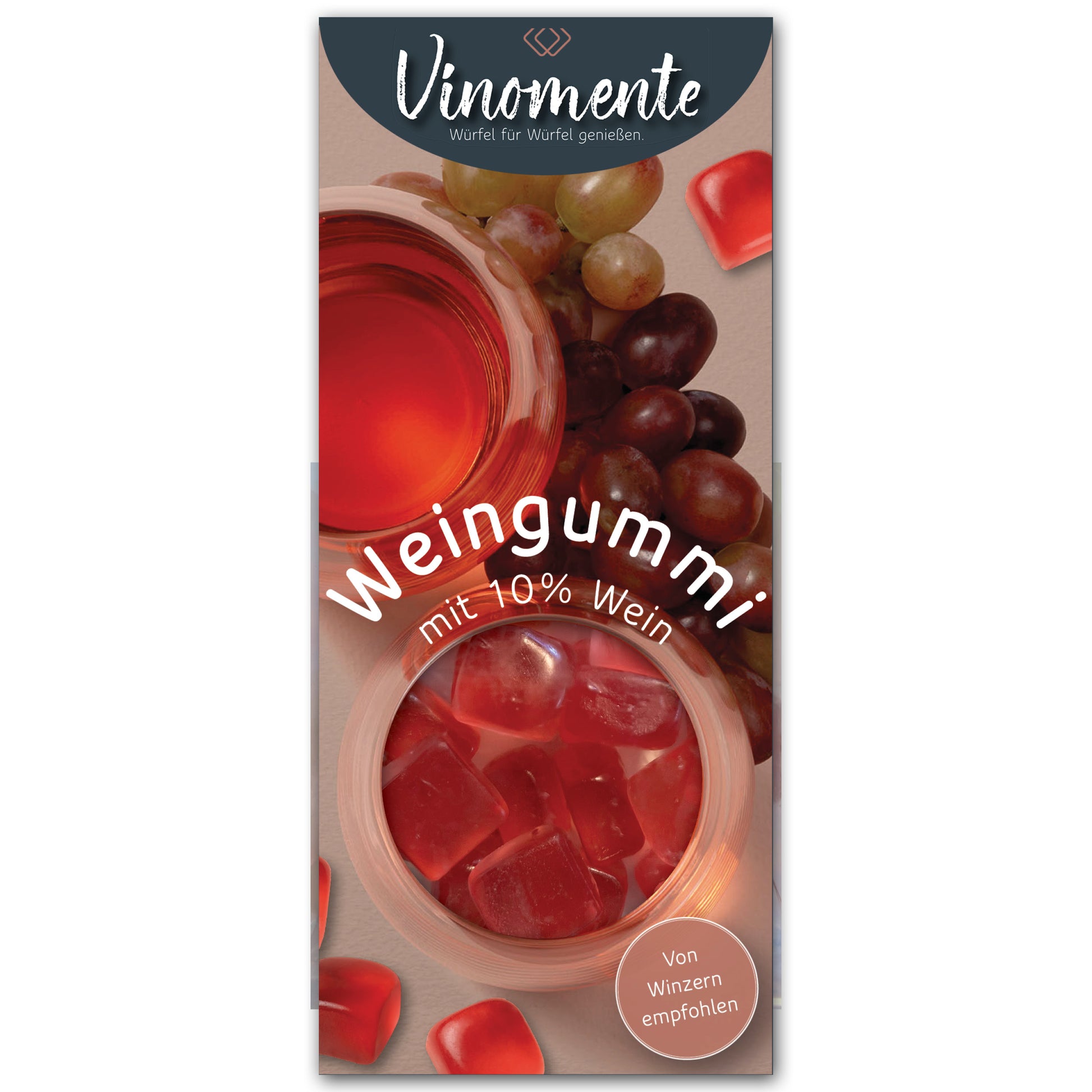 Weingummi mit Rosewein, Weingeschenk und Geschenk für Weinliebhaber, Gastgeschenk unter 5 €, Vinomente ist eine Marke der W&S Wine & Sweets GmbH, Hersteller von Weingummi mit Wein, laktosefrei, glutenfrei  ohne Gelatine