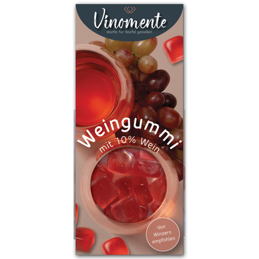 Weingummi mit Rosewein, Weingeschenk und Geschenk für Weinliebhaber, Gastgeschenk unter 5 €, Vinomente ist eine Marke der W&S Wine & Sweets GmbH, Hersteller von Weingummi mit Wein, laktosefrei, glutenfrei  ohne Gelatine
