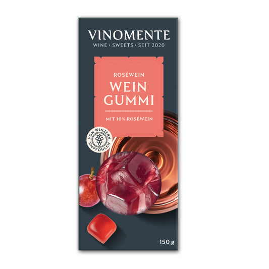 Weingummi mit Rosewein, Weingeschenk und Geschenk für Weinliebhaber, Gastgeschenk unter 5 €, Vinomente ist eine Marke der W&S Wine & Sweets GmbH, Hersteller von Weingummi mit Wein, laktosefrei, glutenfrei  ohne Gelatine