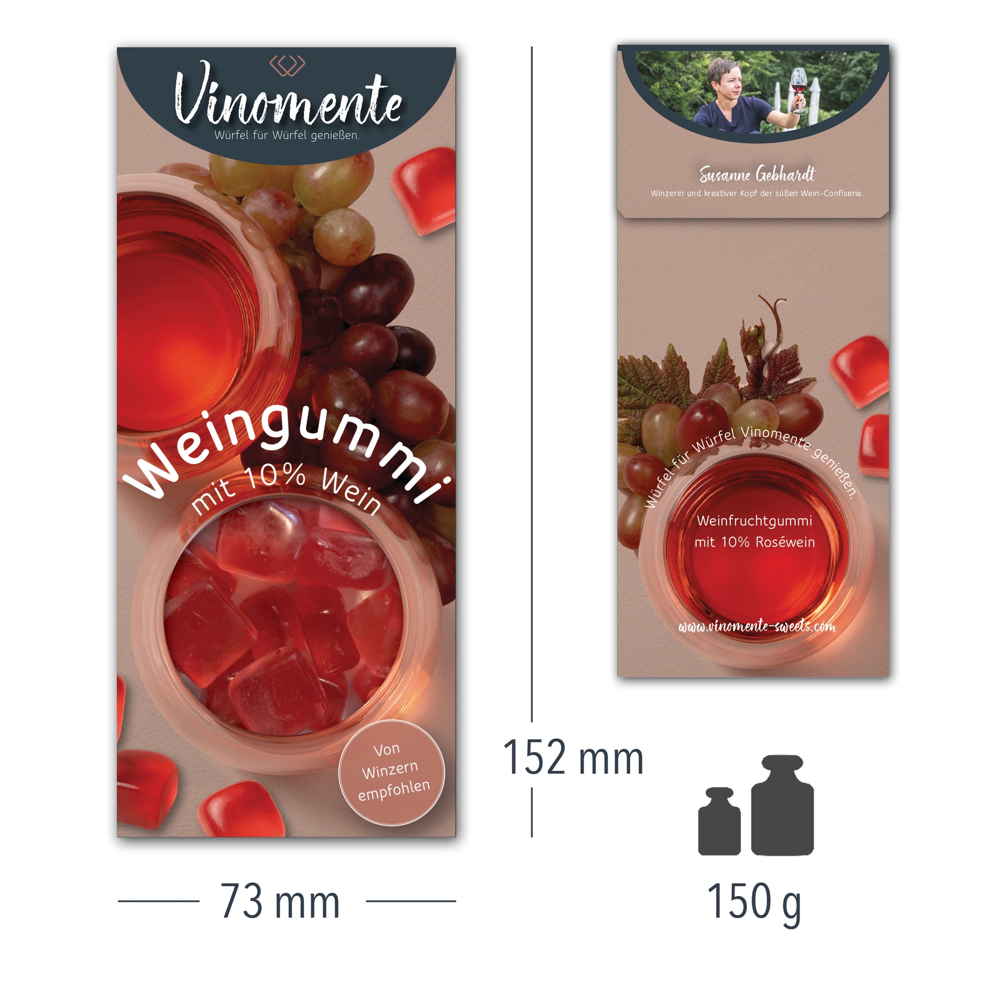Weingummi mit Rosewein, Weingeschenk und Geschenk für Weinliebhaber, Gastgeschenk unter 5 €, Vinomente ist eine Marke der W&S Wine & Sweets GmbH, Hersteller von Weingummi mit Wein, laktosefrei, glutenfrei  ohne Gelatine