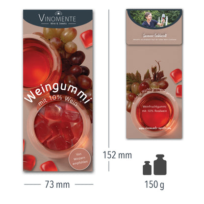 Weingummi mit Rosewein, Weingeschenk und Geschenk für Weinliebhaber, Gastgeschenk unter 5 €, Vinomente ist eine Marke der W&S Wine & Sweets GmbH, Hersteller von Weingummi mit Wein, laktosefrei, glutenfrei  ohne Gelatine