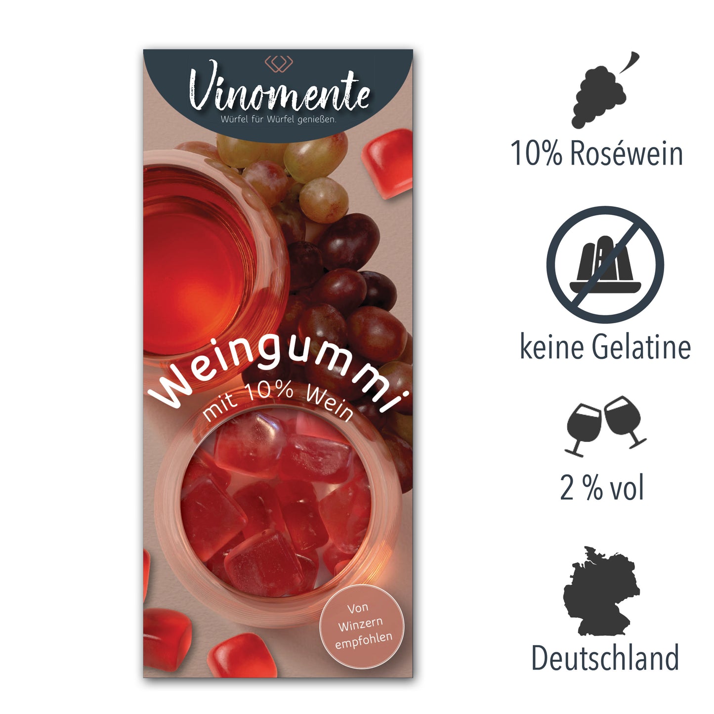 Weingummi mit Rosewein, Weingeschenk und Geschenk für Weinliebhaber, Gastgeschenk unter 5 €, Vinomente ist eine Marke der W&S Wine & Sweets GmbH, Hersteller von Weingummi mit Wein, laktosefrei, glutenfrei  ohne Gelatine