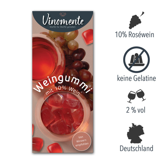 Weingummi mit Rosewein, Weingeschenk und Geschenk für Weinliebhaber, Gastgeschenk unter 5 €, Vinomente ist eine Marke der W&S Wine & Sweets GmbH, Hersteller von Weingummi mit Wein, laktosefrei, glutenfrei  ohne Gelatine
