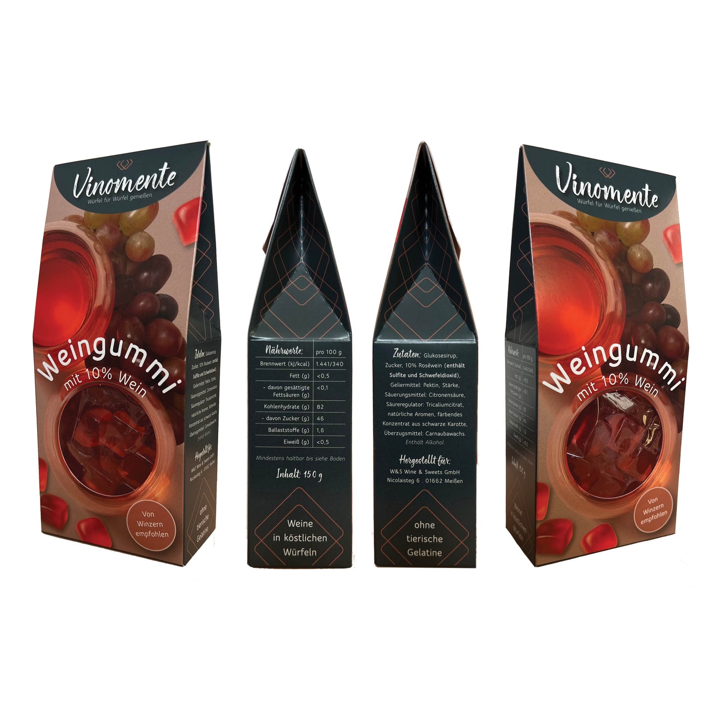 Weingummi mit Rosewein, Weingeschenk und Geschenk für Weinliebhaber, Gastgeschenk unter 5 €, Vinomente ist eine Marke der W&S Wine & Sweets GmbH, Hersteller von Weingummi mit Wein, laktosefrei, glutenfrei  ohne Gelatine