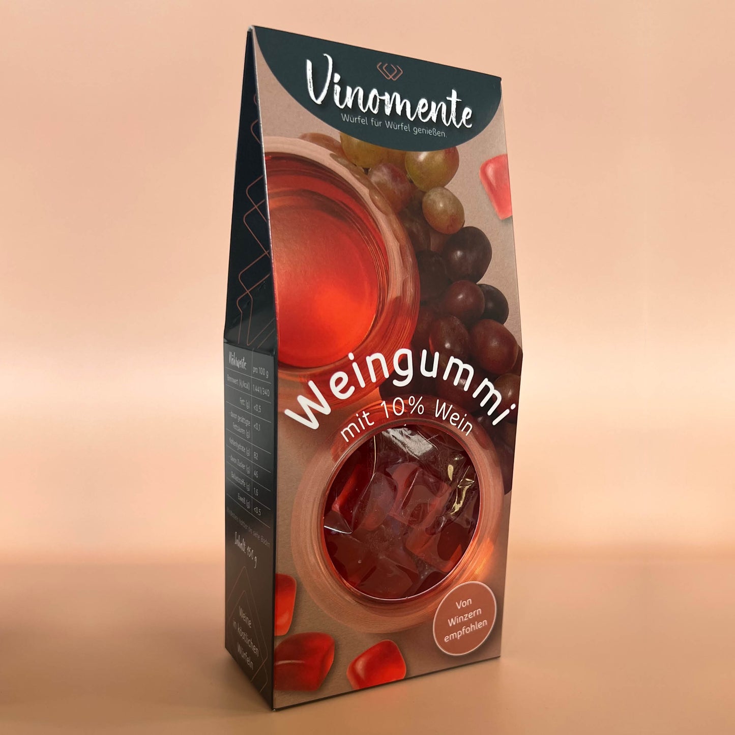 Weingummi mit Rosewein, Weingeschenk und Geschenk für Weinliebhaber, Gastgeschenk unter 5 €, Vinomente ist eine Marke der W&S Wine & Sweets GmbH, Hersteller von Weingummi mit Wein, laktosefrei, glutenfrei  ohne Gelatine