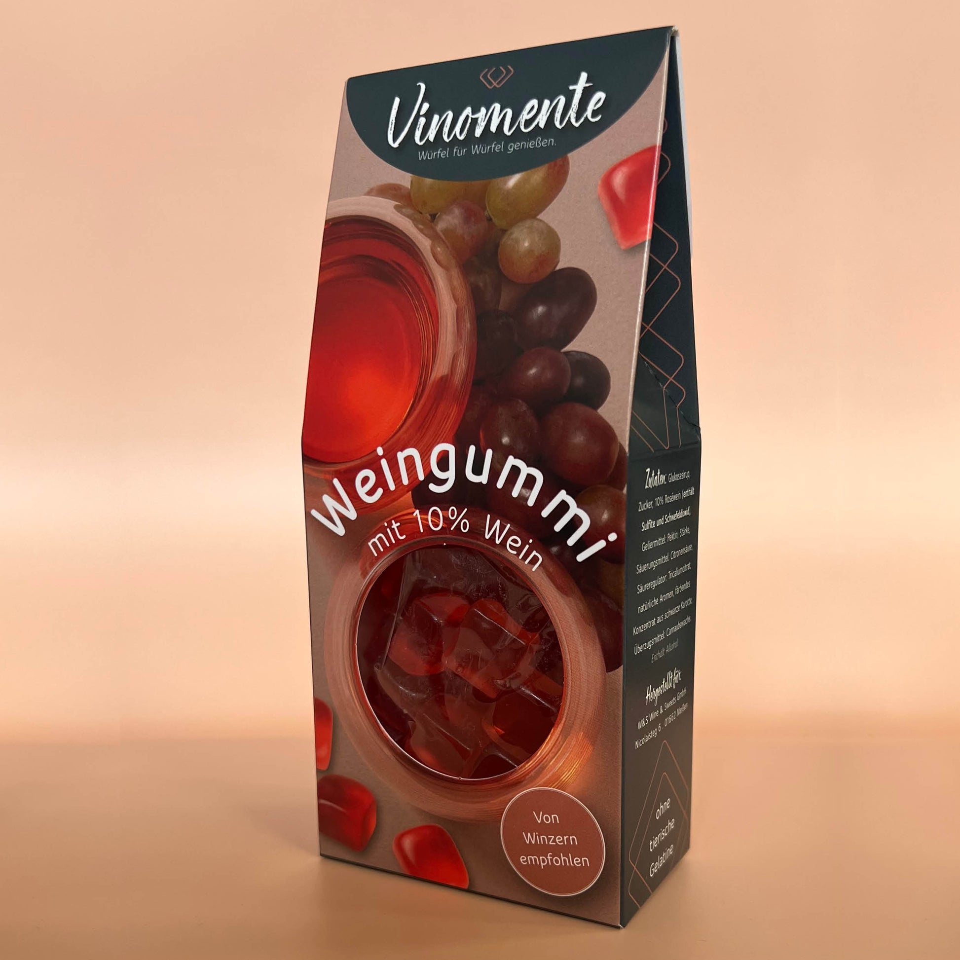 Weingummi mit Rosewein, Weingeschenk und Geschenk für Weinliebhaber, Gastgeschenk unter 5 €, Vinomente ist eine Marke der W&S Wine & Sweets GmbH, Hersteller von Weingummi mit Wein, laktosefrei, glutenfrei  ohne Gelatine
