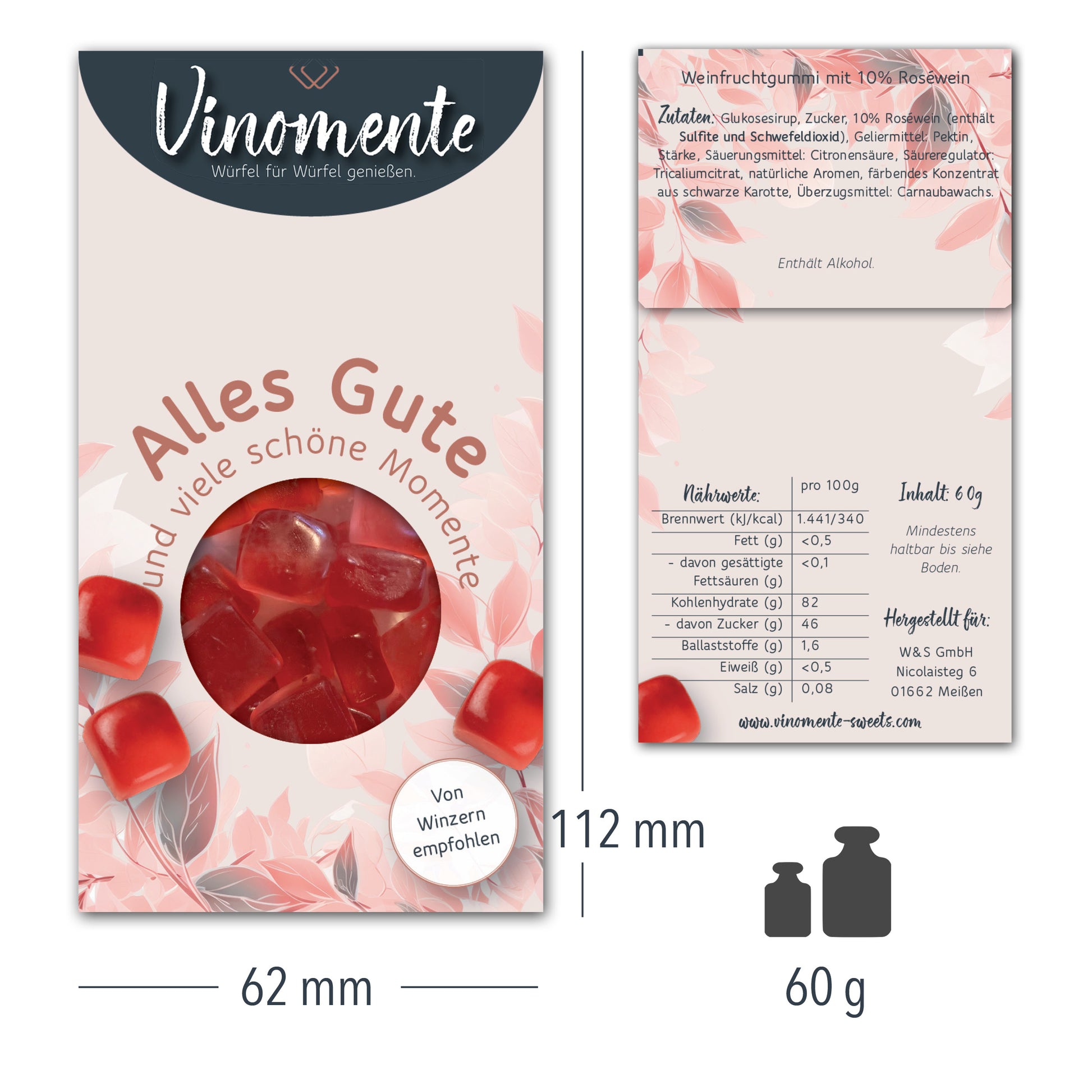 Glückwunsch-Mini Weingummi Rosé Roséwein, Alles Gute, Weingeschenk, Geschenk für Weinliebhaber, Gastgeschenk,  Vinomente - eine Marke der W&S Wine & Sweets GmbH