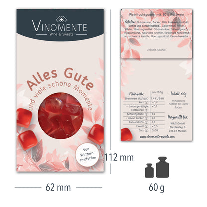 Glückwunsch-Mini Weingummi Rosé Roséwein, Alles Gute, Weingeschenk, Geschenk für Weinliebhaber, Gastgeschenk,  Vinomente - eine Marke der W&S Wine & Sweets GmbH