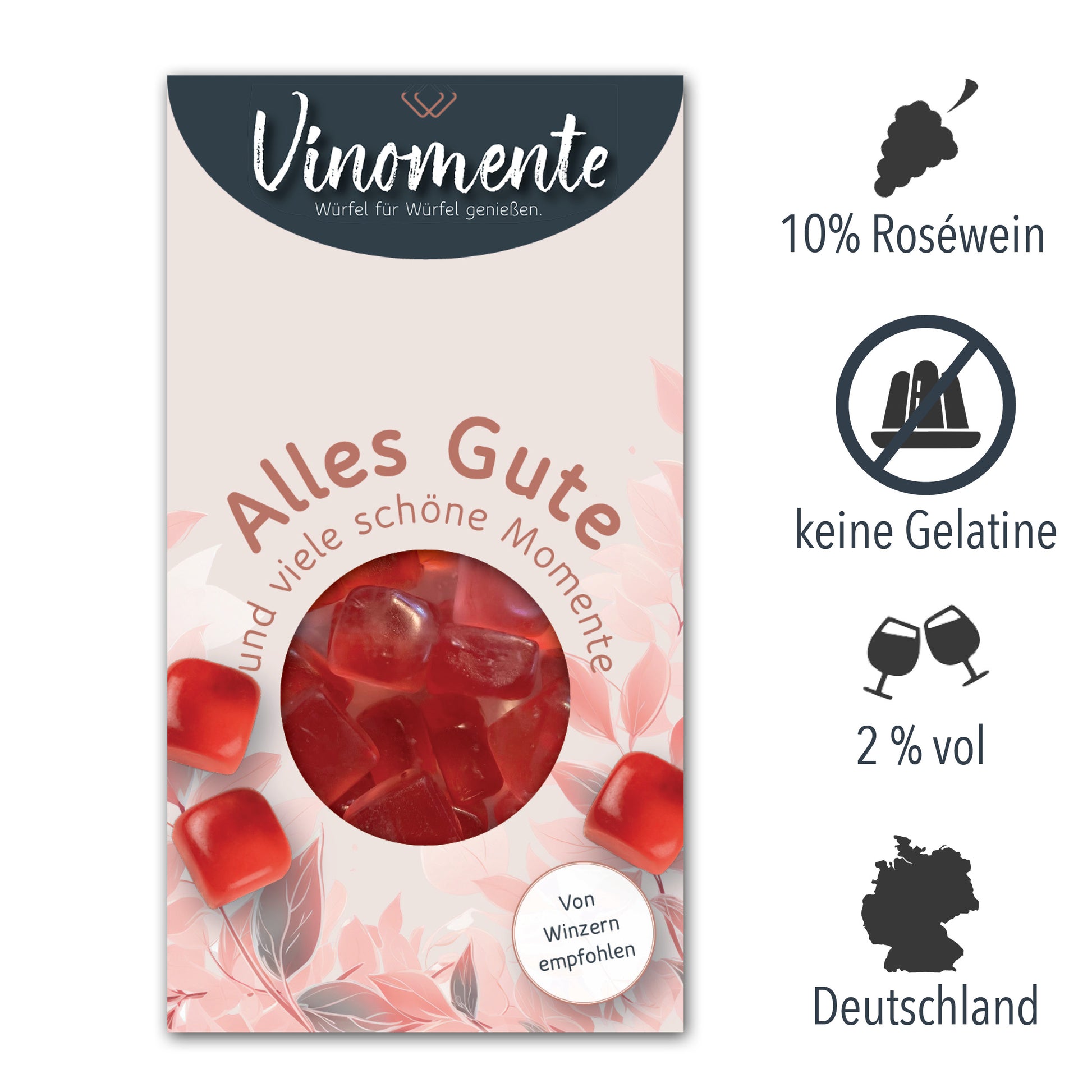 Glückwunsch-Mini Weingummi Rosé Roséwein, Alles Gute, Weingeschenk, Geschenk für Weinliebhaber, Gastgeschenk,  Vinomente - eine Marke der W&S Wine & Sweets GmbH