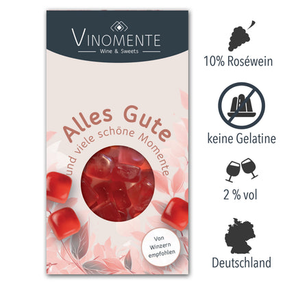Glückwunsch-Mini Weingummi Rosé Roséwein, Alles Gute, Weingeschenk, Geschenk für Weinliebhaber, Gastgeschenk,  Vinomente - eine Marke der W&S Wine & Sweets GmbH