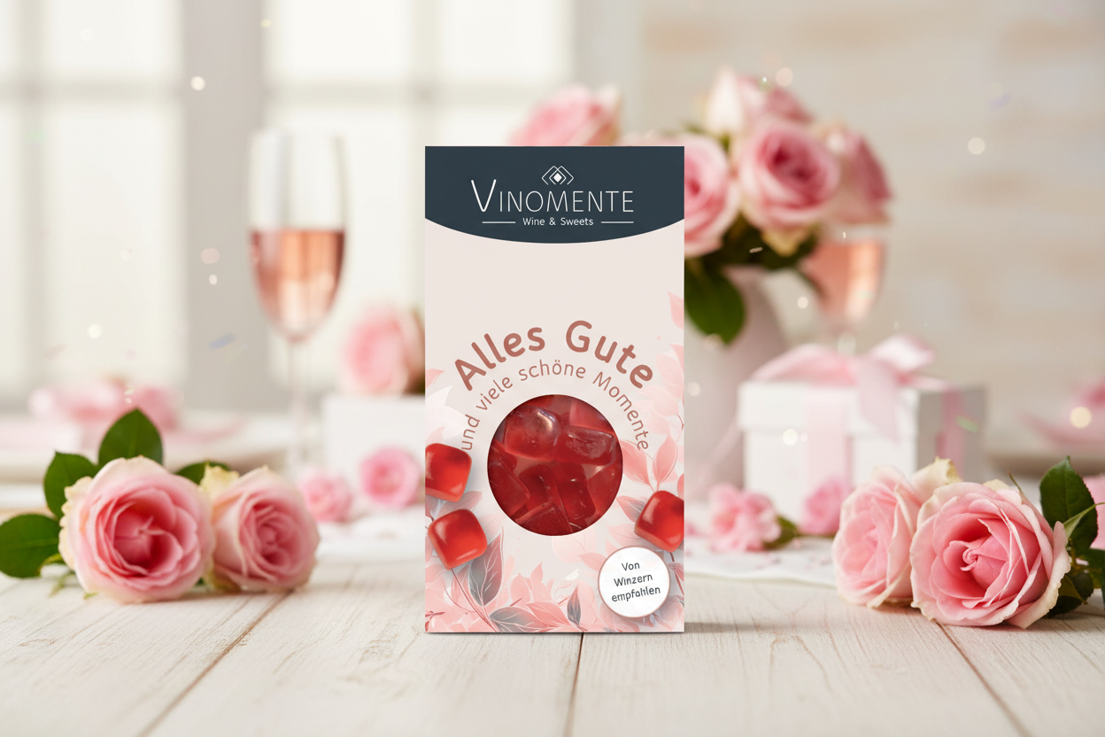 Glückwunsch-Mini Weingummi Rosé Roséwein, Alles Gute, Weingeschenk, Geschenk für Weinliebhaber, Gastgeschenk,  Vinomente - eine Marke der W&S Wine & Sweets GmbH