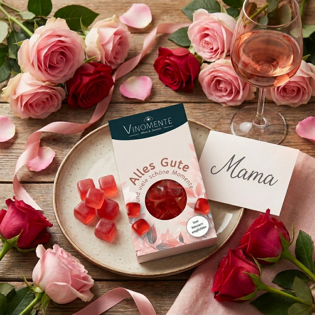 Glückwunsch-Mini Weingummi Rosé Roséwein, Alles Gute, Weingeschenk, Geschenk für Weinliebhaber, Geschenk Muttertag, Gastgeschenk,  Vinomente - eine Marke der W&S Wine & Sweets GmbH