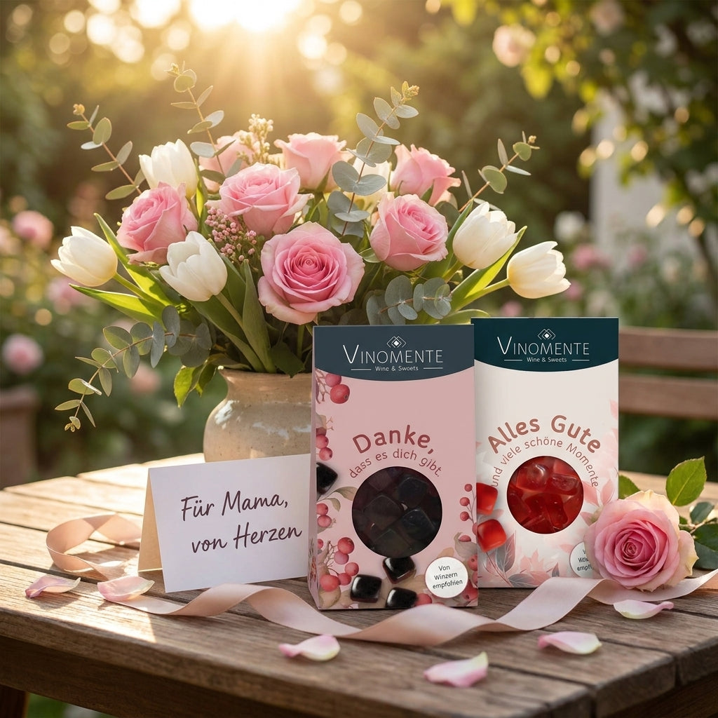 Glückwunsch-Mini Weingummi Rotwein Rotrwein, Danke, Weingeschenk, Geschenk für Weinliebhaber, Geschenk Muttertag, Gastgeschenk,  Vinomente - eine Marke der W&S Wine & Sweets GmbH