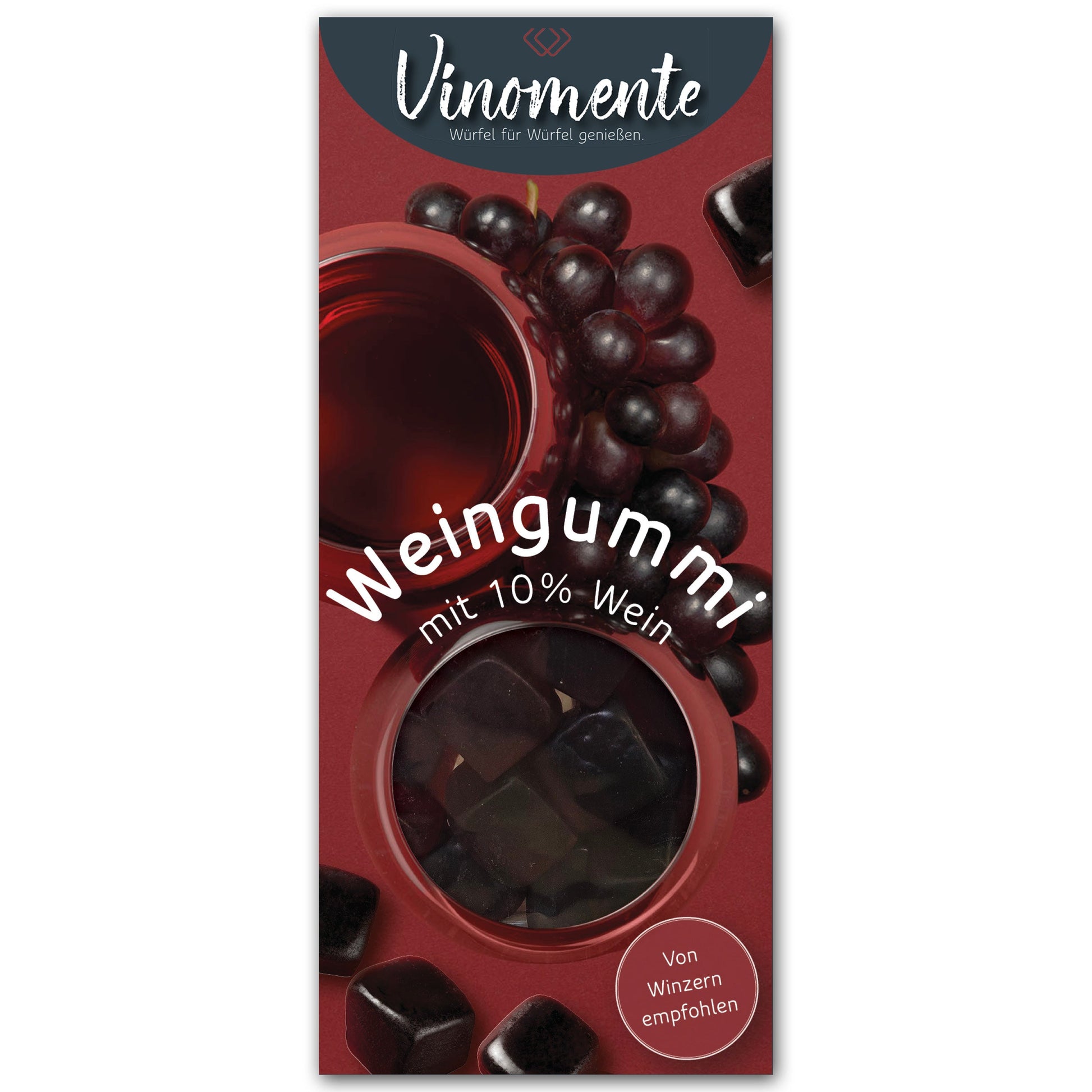 Weingummi mit Rotwein, Weingeschenk und Geschenk für Weinliebhaber, Gastgeschenk unter 5 €, Vinomente ist eine Marke der W&S Wine & Sweets GmbH, Hersteller von Weingummi mit Wein, laktosefrei, glutenfrei  ohne Gelatine