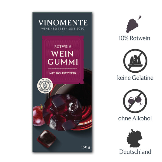 Weingummi mit Rotwein, Weingeschenk und Geschenk für Weinliebhaber, Gastgeschenk unter 5 €, Vinomente ist eine Marke der W&S Wine & Sweets GmbH, Hersteller von Weingummi mit Wein, laktosefrei, glutenfrei  ohne Gelatine