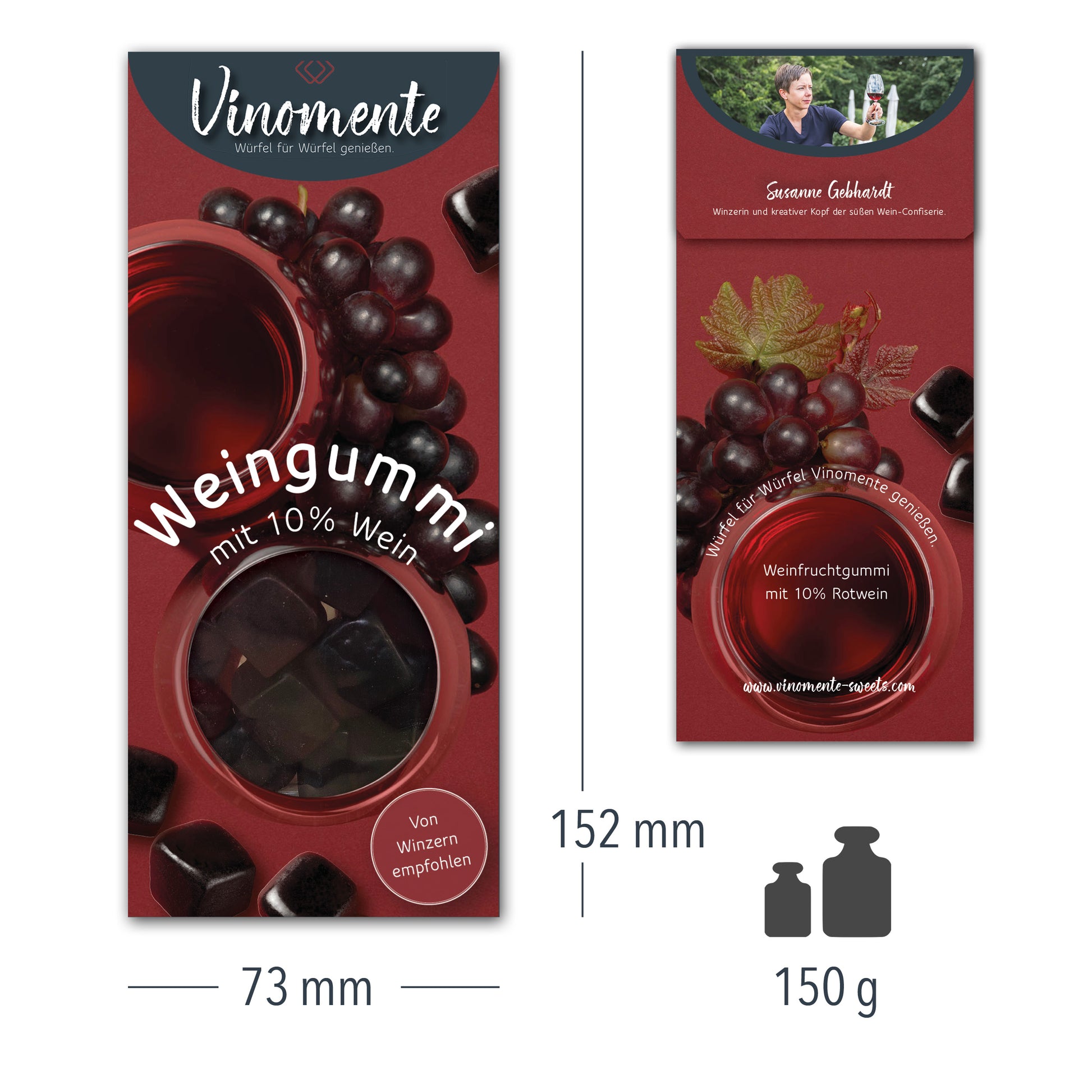 Weingummi mit Rotwein, Weingeschenk und Geschenk für Weinliebhaber, Gastgeschenk unter 5 €, Vinomente ist eine Marke der W&S Wine & Sweets GmbH, Hersteller von Weingummi mit Wein, laktosefrei, glutenfrei  ohne Gelatine