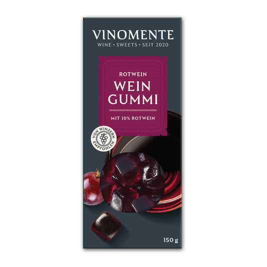 Weingummi mit Rotwein, Weingeschenk und Geschenk für Weinliebhaber, Gastgeschenk unter 5 €, Vinomente ist eine Marke der W&S Wine & Sweets GmbH, Hersteller von Weingummi mit Wein, laktosefrei, glutenfrei  ohne Gelatine