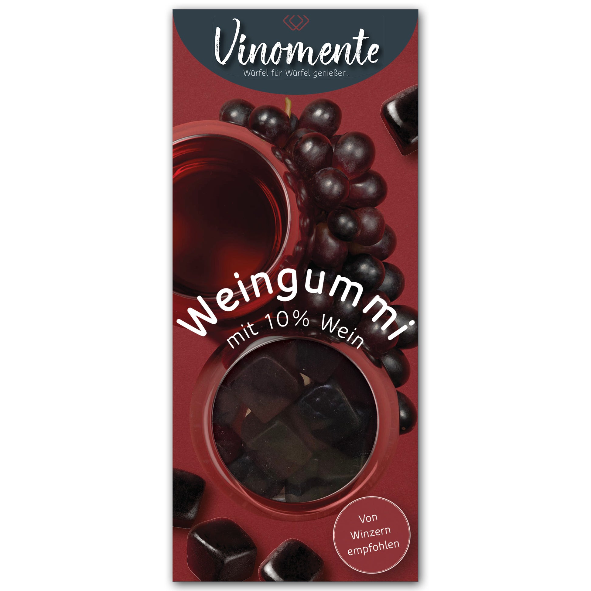 Weingummi mit Rotwein, Weingeschenk und Geschenk für Weinliebhaber, Gastgeschenk unter 5 €, Vinomente ist eine Marke der W&S Wine & Sweets GmbH, Hersteller von Weingummi mit Wein, laktosefrei, glutenfrei  ohne Gelatine