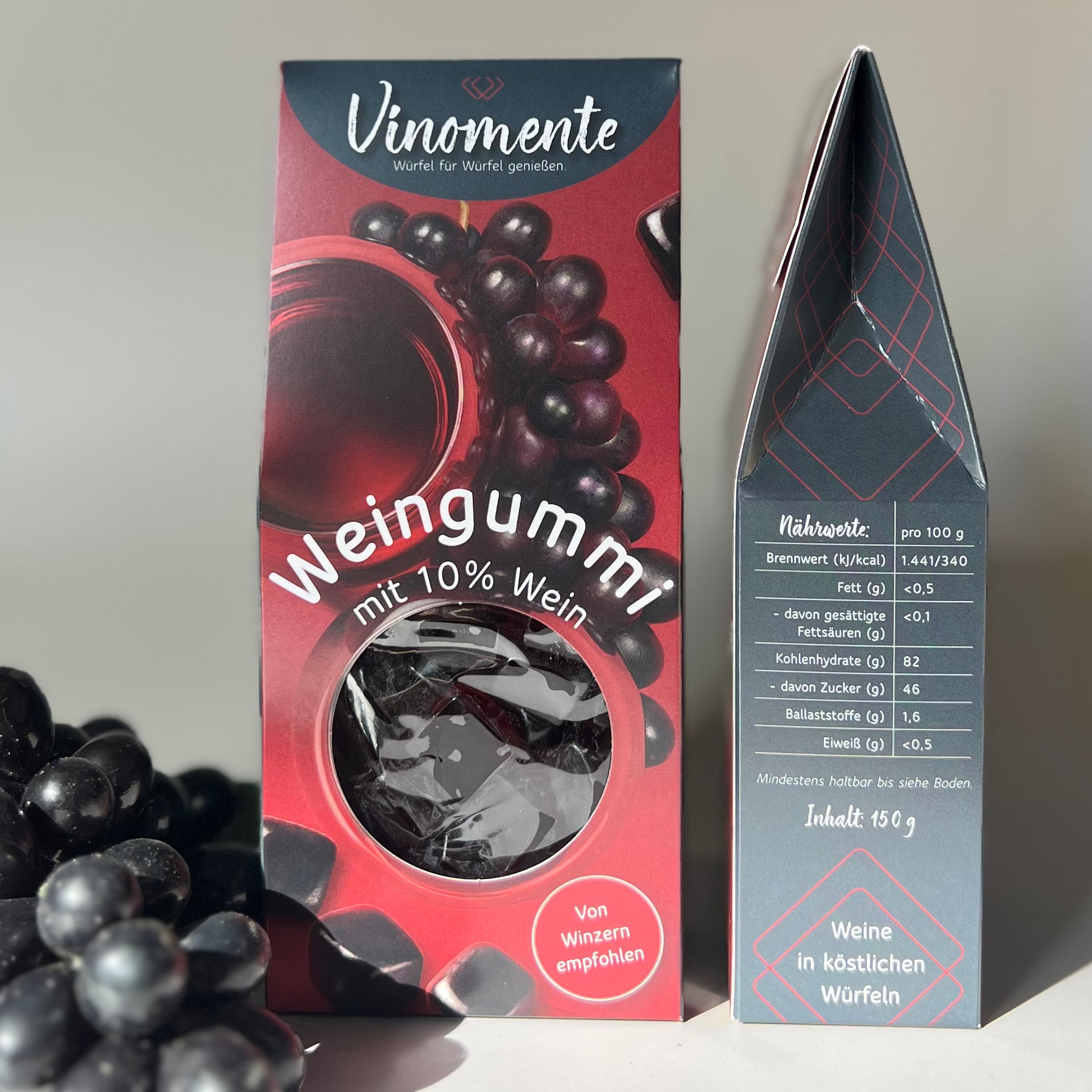 Weingummi mit Rotwein, Weingeschenk und Geschenk für Weinliebhaber, Gastgeschenk unter 5 €, Vinomente ist eine Marke der W&S Wine & Sweets GmbH, Hersteller von Weingummi mit Wein, laktosefrei, glutenfrei  ohne Gelatine