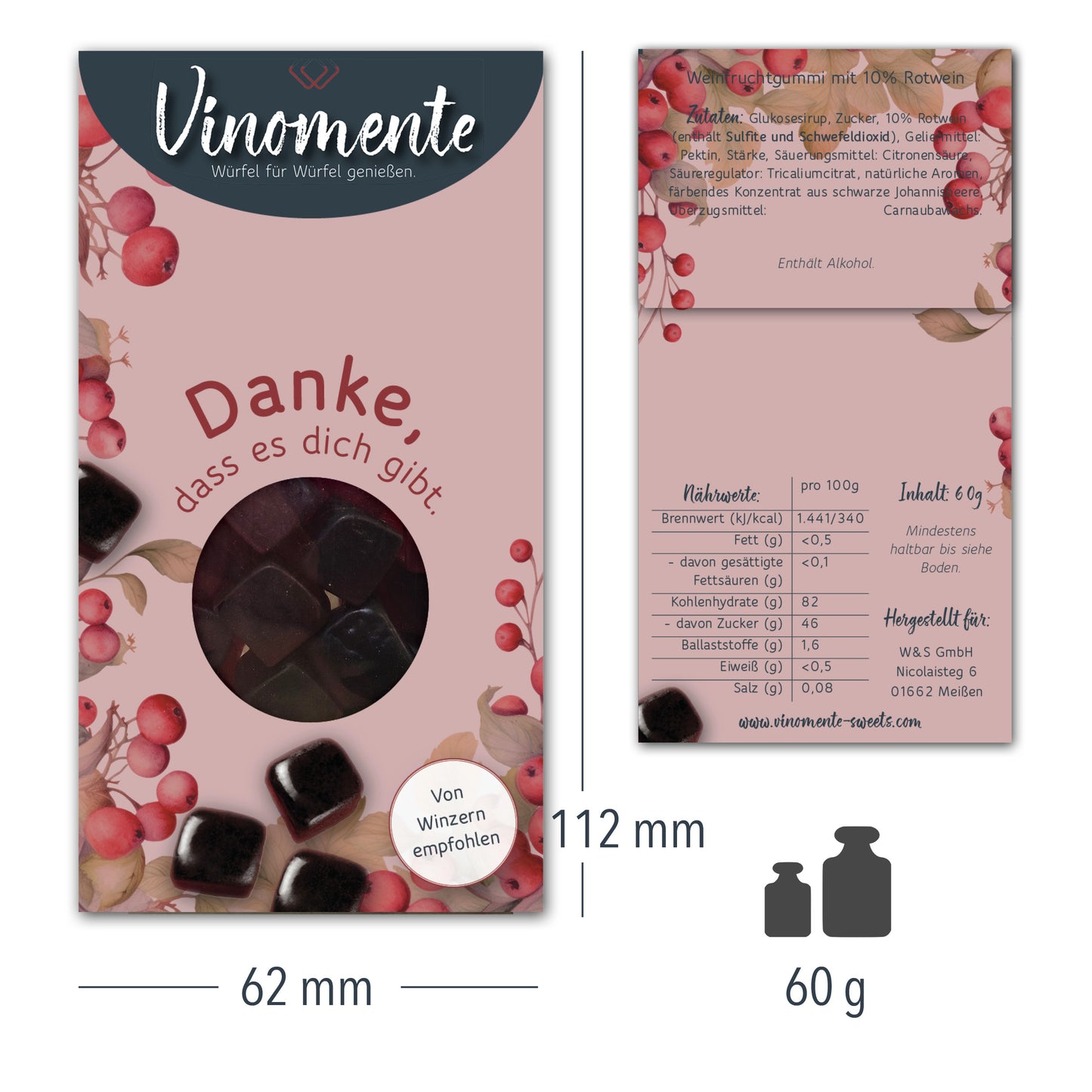Glückwunsch-Mini Weingummi Rotwein, Danke, Weingeschenk, Geschenk für Weinliebhaber, Gastgeschenk,  Vinomente - eine Marke der W&S Wine & Sweets GmbH